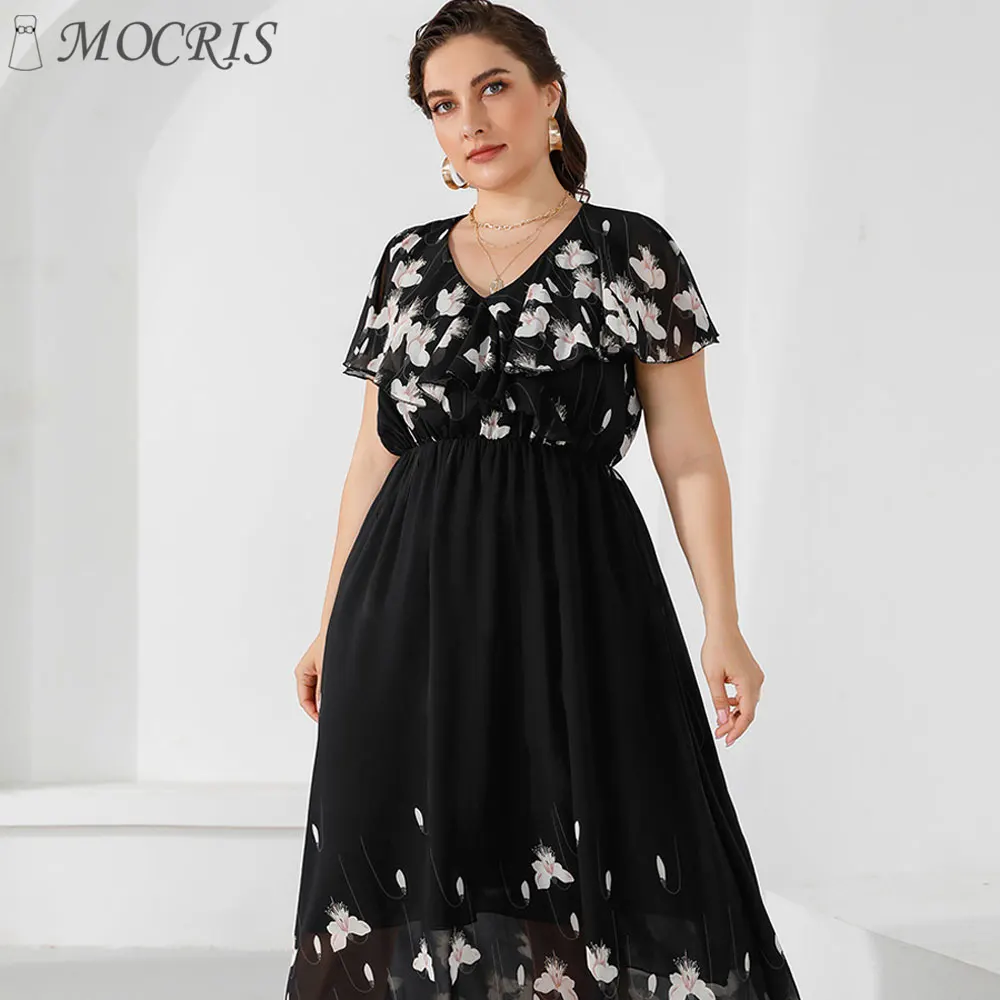 

MOCRIS Spliced Chiffon Print Oversized Women's Summer Dress V-neck Flared Sleeves Female Clothing with LINING Woven Process 2023