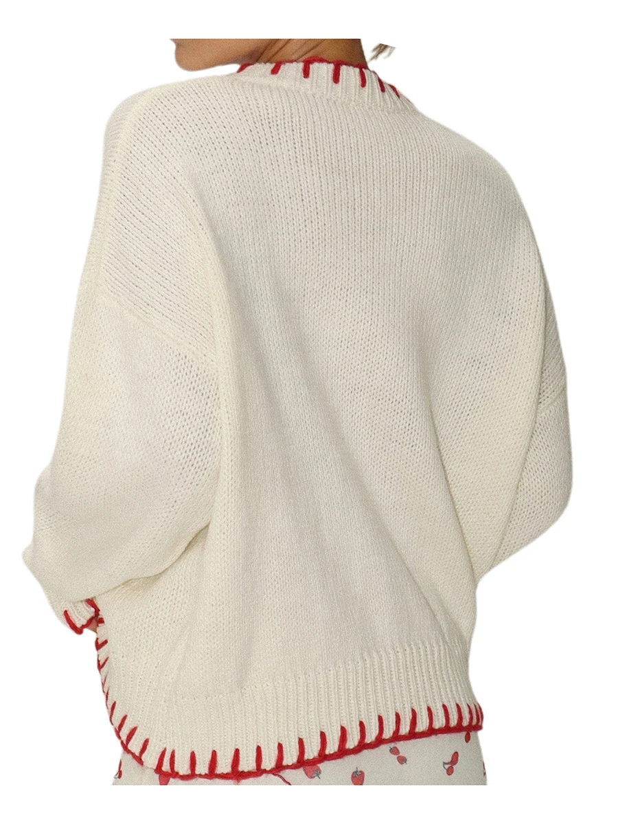 Женский осенний свитер с длинными рукавами и контрастной цветной отделкой в