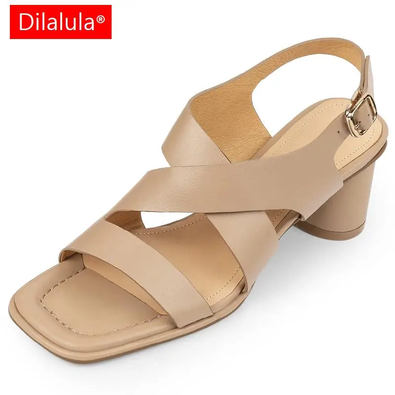 

Dilalula Women Sandals Party Office Ladies Casual Genuine Leather Pumps Peep Toe Thick Heels Fashion Concise Shoes Woman Summer