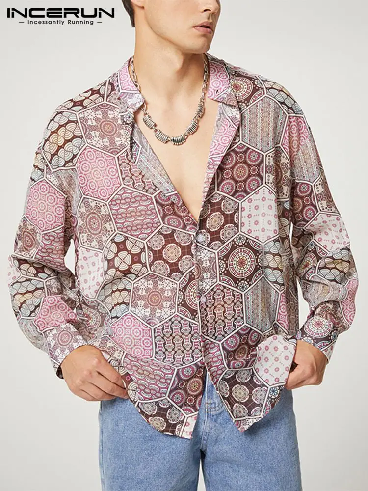 

2022 Men Shirt Printing Lapel Long Sleeve Button See Through Vacation Thin Hawaiian Shirts Men Streetwear Casual Camisas INCERUN
