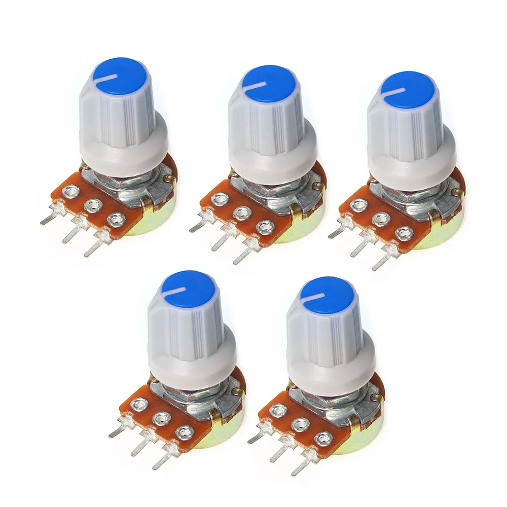 

5Set WH148 Linear Potentiometer 15mm 3pin 1K 2K 5K 10K 20K 50K 100K 250K 500K 1M with Blue AG1 Knob Cap Potentiometers Kit