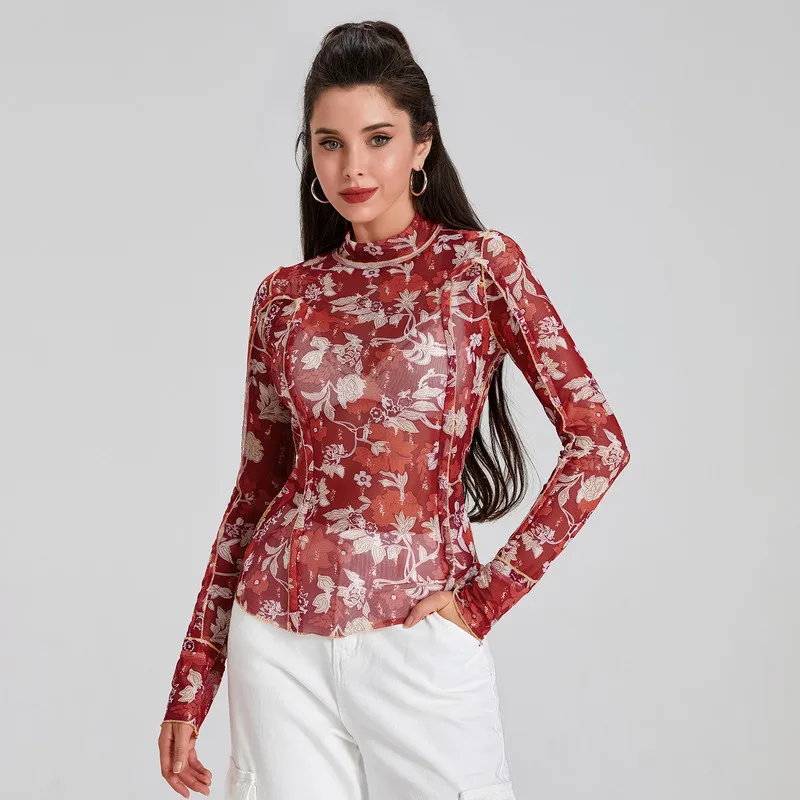 WPNAKS женские тонкие цветочные сетчатые Топы весенне-осенняя одежда сексуальная