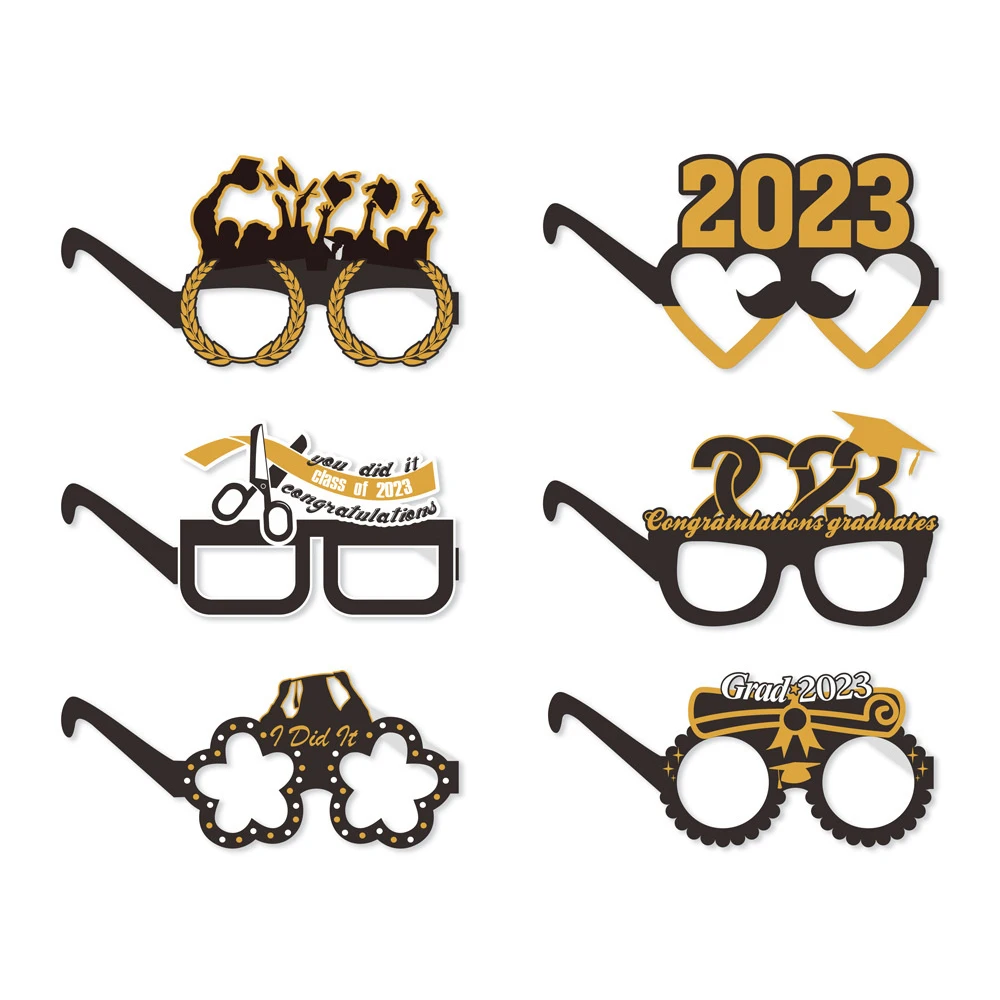 

6Pcs Glitter Class Of 2023 Graduation Grad Party Paper Glasses Photo Frame Props Bachelor Cap Eyeglasses Graduation Party Decors