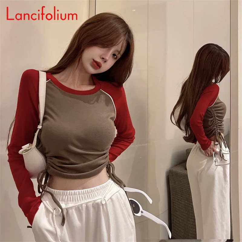 

Vintage Drawstring Bandage With Shoulder Long Sleeve Contrast Patchwork Tshirts Crop Top Tee Sexy Y2k Cropped T Shirt Women 2023