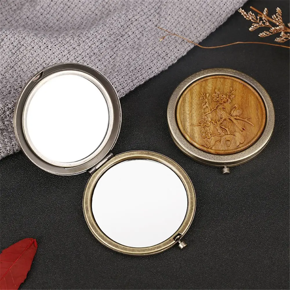 

Portable Makeup Mirror Wooden Carving Cosmetic Mirror Compact Mirror Pocket Folding Brass Vintage Mini Hand Hold Girls Beauty
