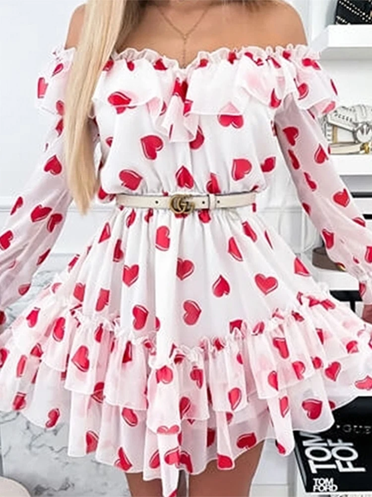 

Women Off Shoulder Ruffles Dress Spring Heart Printed Elegant Ladies Dress Elastic Waist Long Sleeve Mini Party Office Dress