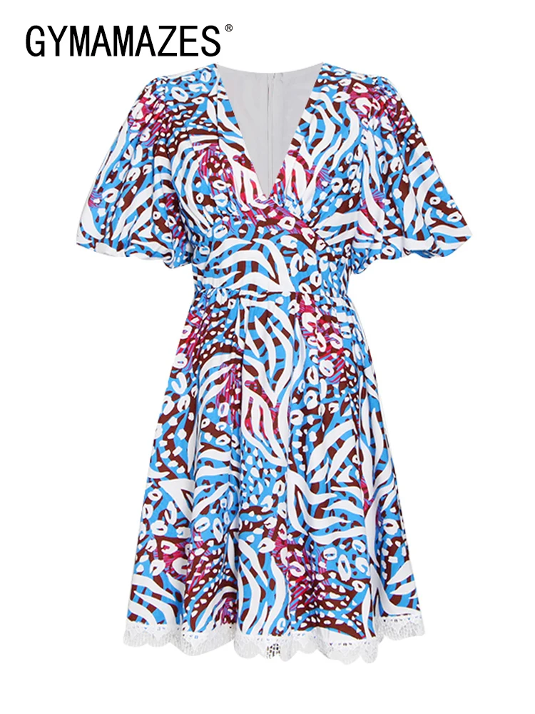

GYMAMAZES Vintage Print Lace Panel Dress For Women V Neck Puff Sleeve High Waist Color Block Dresses Female Fashion New Clothing
