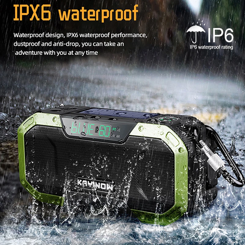 

FM/AM Radio Portable IPX6 Waterproof Hand Crank Solar Multifunction Emergency Bluetooth Speaker Support SOS Solar Hand Crank