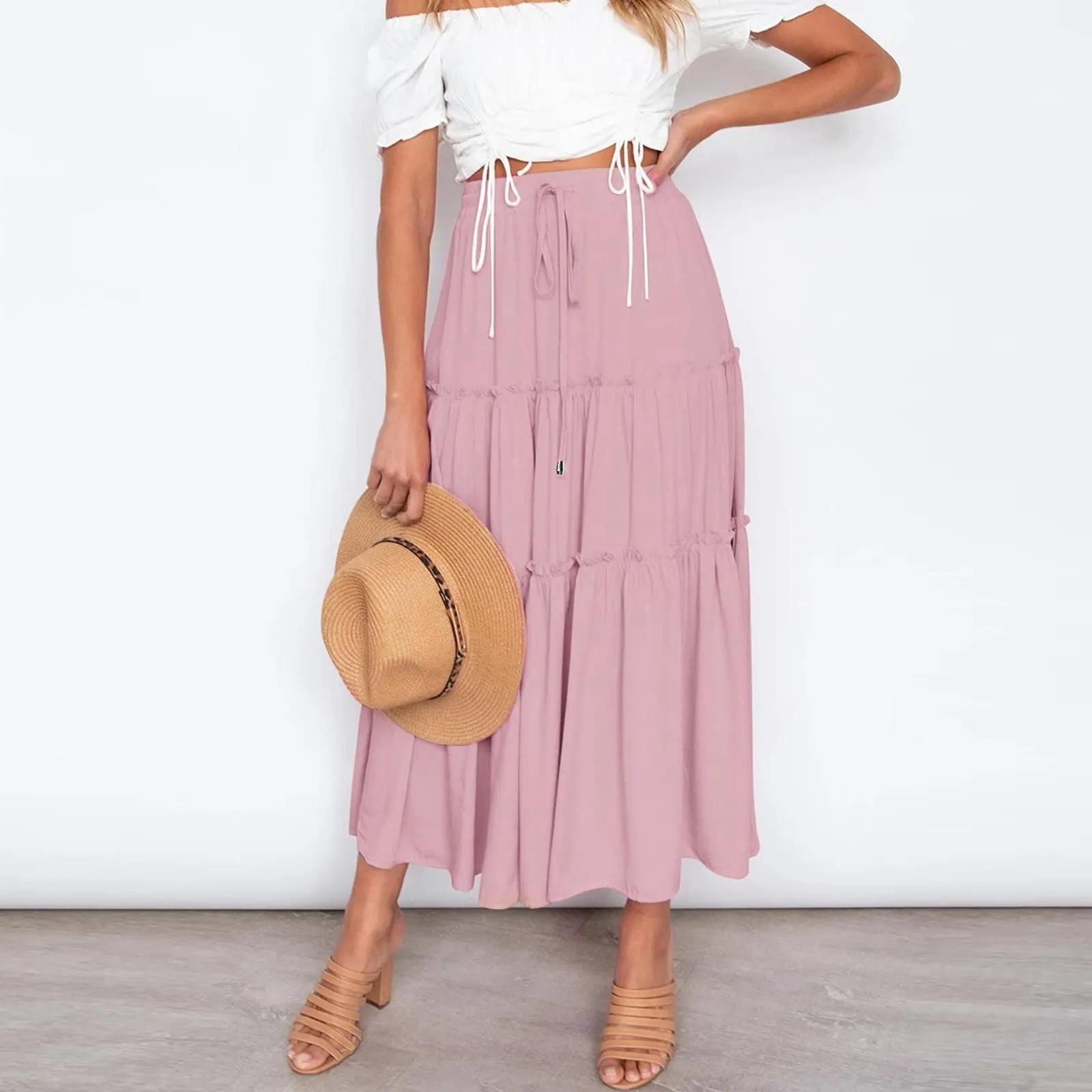 

Women Chiffon Pleated Skirt Large Hem High Waist Elastic Patchwork Cake A-line Skirt Boho Swing Beach Vintage Long Maxi Skirt