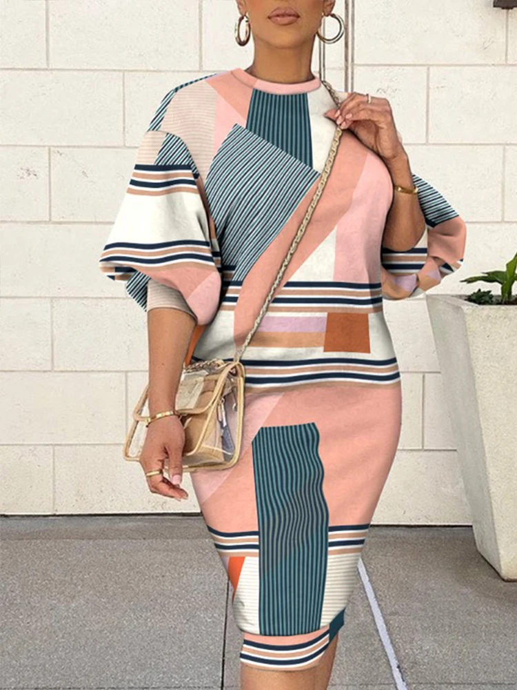 

Сексуальное женское платье Shein Romwe Y2K, осень 2021, платье-свитшот с геометрическим принтом и рукавом-фонариком, элегантное платье миди, женское ...