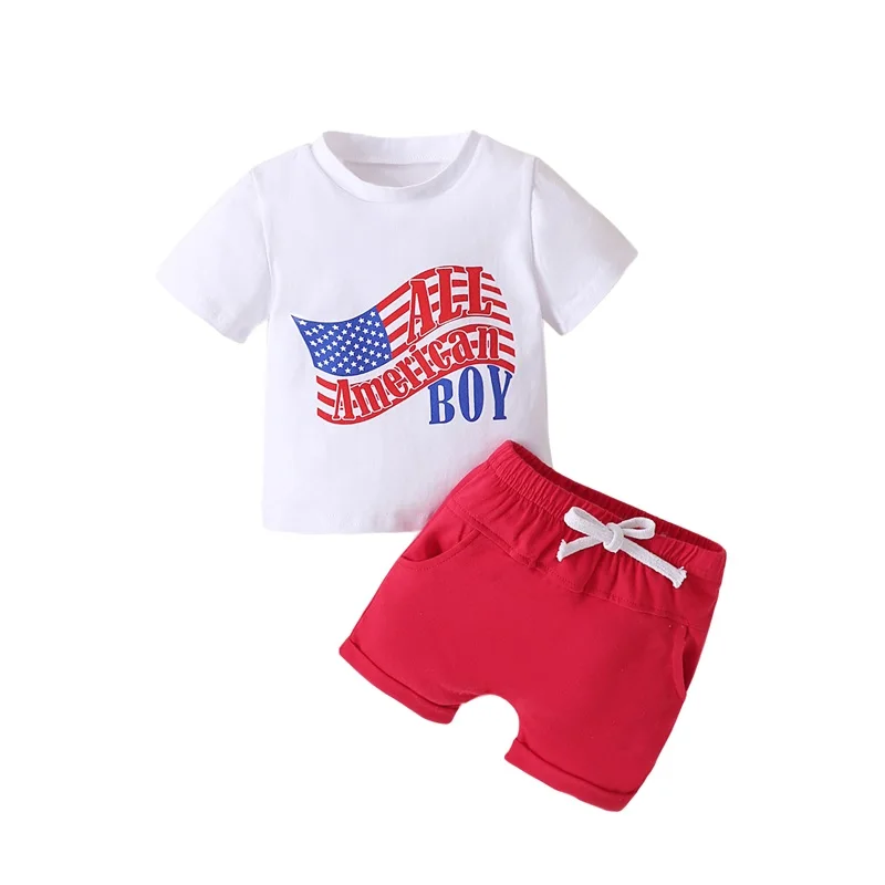 

TheFound 4th of July Baby Boys Clothes Summer All American boys print Short Sleeve Tshirt Top Red Shorts Baby Boys Outfits Sets