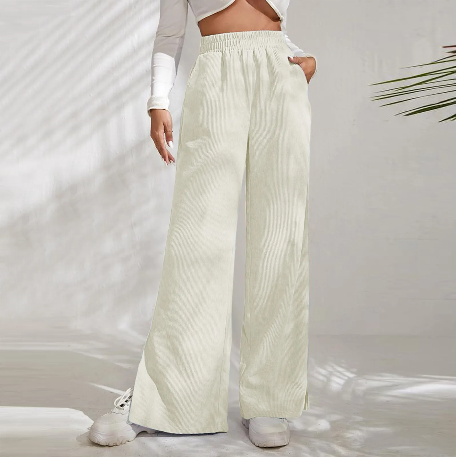 

Женские повседневные модные брюки с высокой талией, однотонные вельветовые свободные брюки в европейском и американском стиле