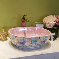 oval europe style chinese washbasin sink jingdezhen art counter top ceramic wash basin pink bathroom sink