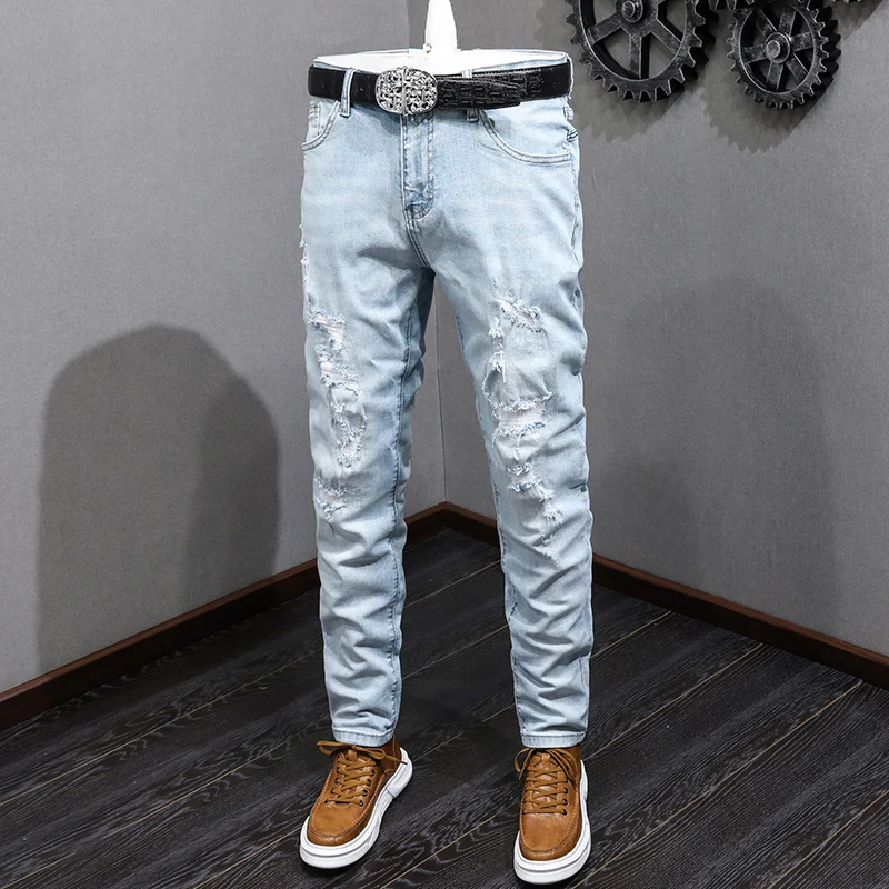

Брюки похожие на корейские модные джинсовые брюки с дырками мужские джинсовые ретро тонкие дизайнерские рваные синие мужские Стрейчевые