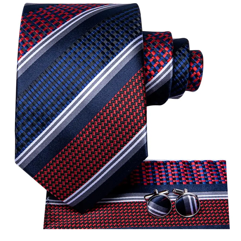 

Navy Blue Red Striped Silk Wedding Tie For Men Handky Cufflink Gift Men Necktie Fashion Design Business Party Dropshiping Hi-Tie