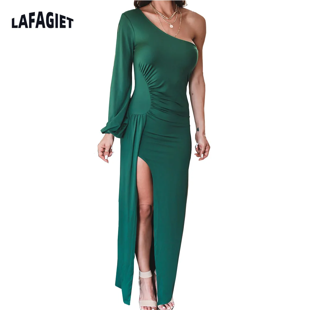 

One Shoulder Women Party Dress Elegant Split Ladies Long Dress Fashion Sheath Slim Bodycon Dress Slim Fit New Sexy Female Dress