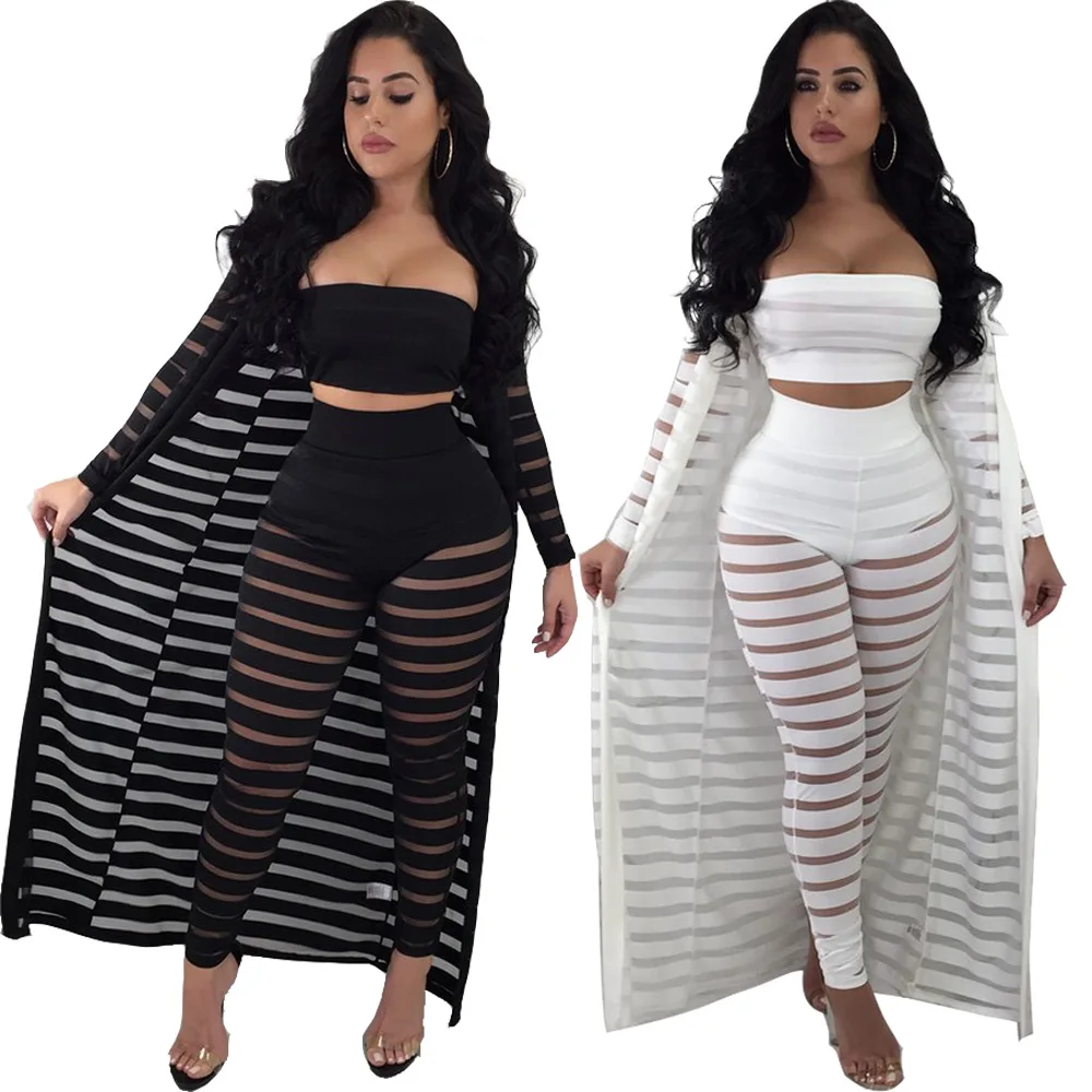 

3 piece set women striped three piece set female long sleeve three pieces sets winter long coat tops pants female suits