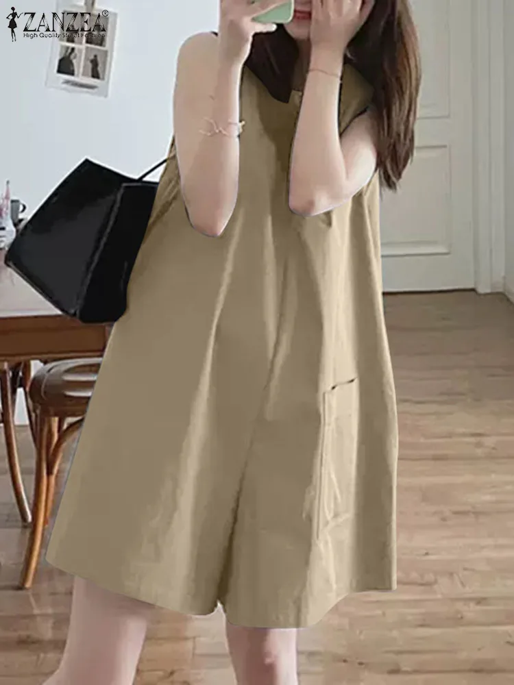 

Комбинезон ZANZEA женский с круглым вырезом, повседневный свободный модный однотонный короткий Ромпер без рукавов, с широкими штанинами, на лето