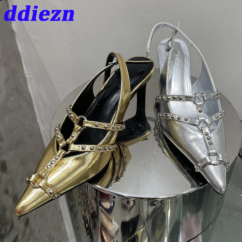 

2023 Ladies Medium High Heels Shoes Fashion Rivet Pointed Toe Luxury Female Buckle Slingbacks Pumps Women Heeled Shoes Sandals