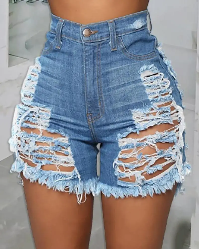 Summer Denim Shorts for Women Ripped Cutout Buttoned Fringe Design 2023 Daily Vacation Short Jeans Sexy Slim Casual Shorts