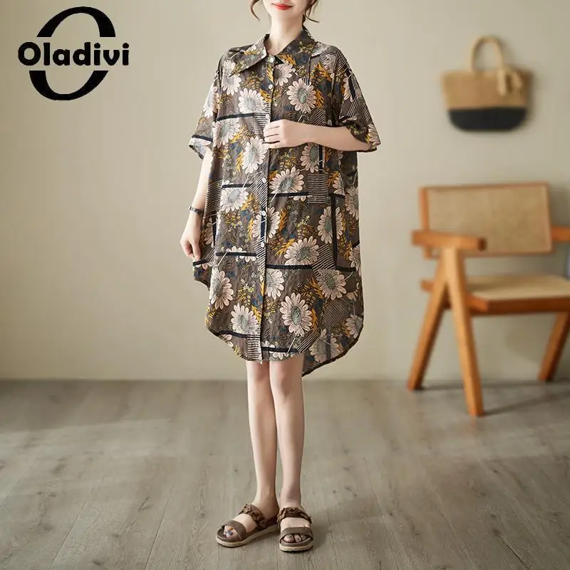

Oladivi Fashion Floral Print Women Casual Loose Blouses 2023 Summer New Short Sleeve Oversized Shirts Ladies Big Top Tunics 9163