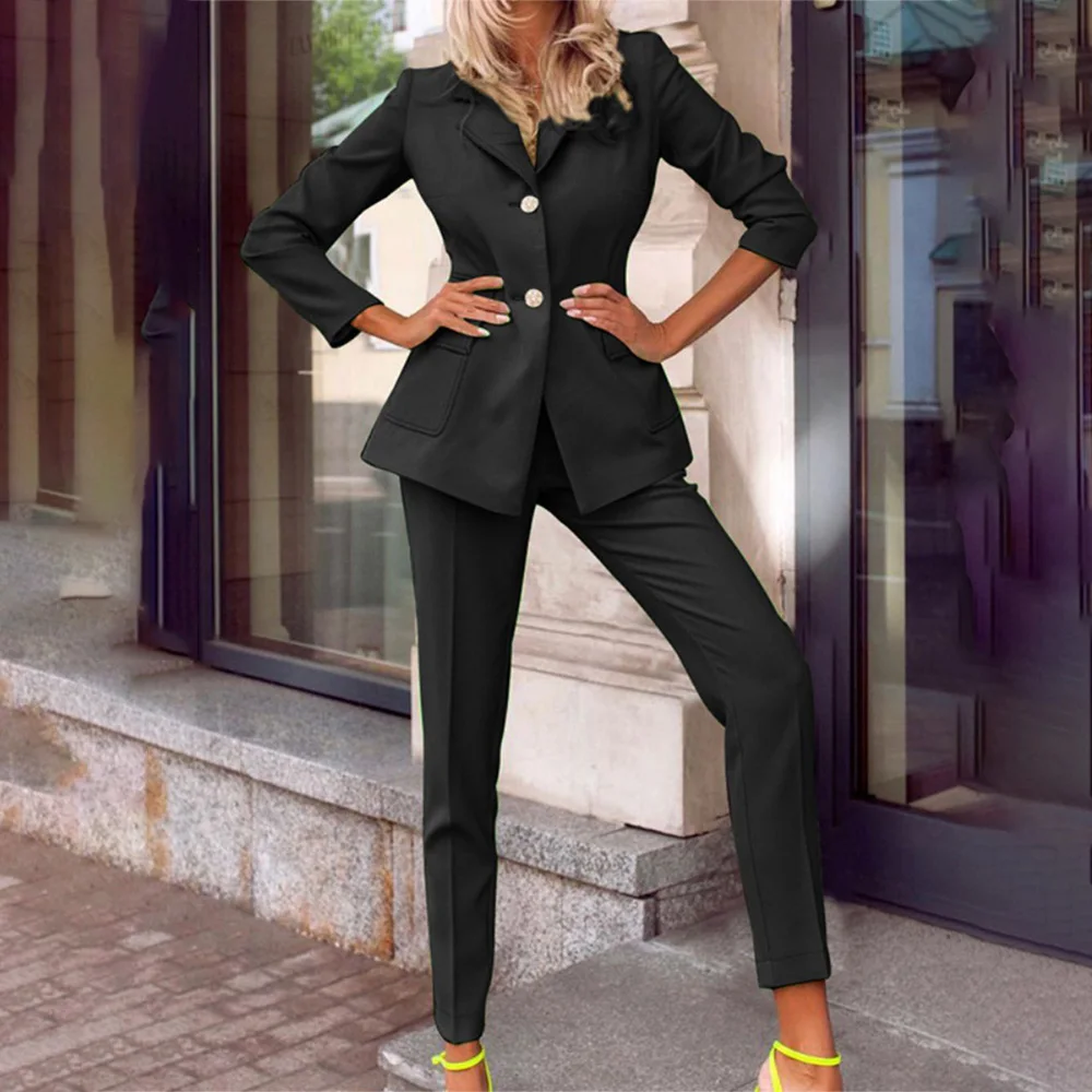 2023 New Womens 2-Piece Suits European American Fashion Office Ladies Set Solid Color Business Causal Blazer Ankle Pencil Pants