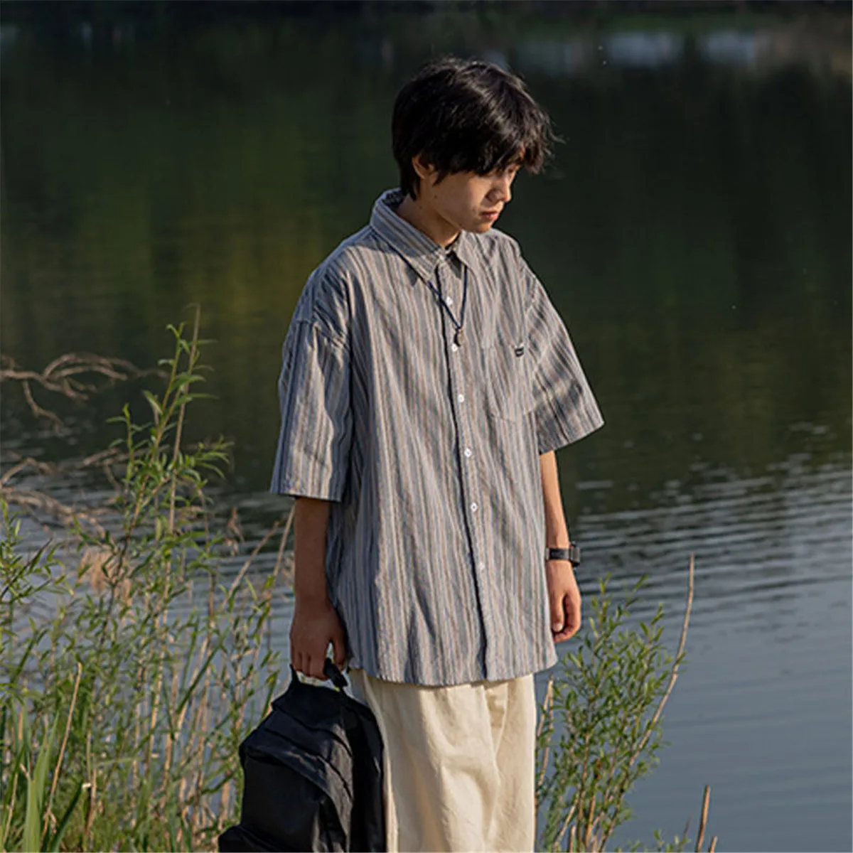 

Полосатая рубашка в стиле Харадзюку, Мужская модная свободная японская рубашка в стиле хип-хоп, уличная одежда, повседневные летние рубашки, забавная одежда, топы в стиле High Street