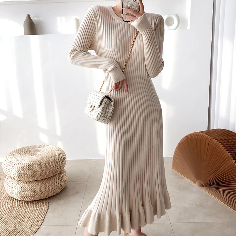 

Women's Thick Knitted One-piece Dress Robes For Women Elegant Long Sleeve Midi Sweater Dress Female Sexy Bodycon Knitwear Femme