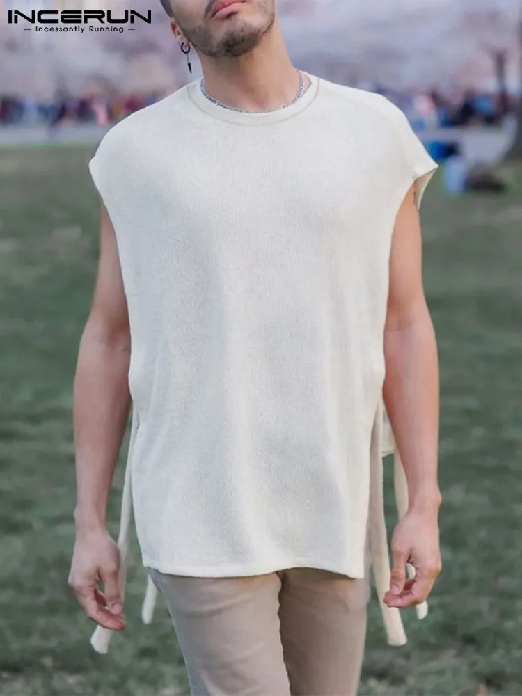 

Майка INCERUN мужская с круглым вырезом, однотонная безрукавка с разрезом, на шнуровке, Повседневная Уличная одежда, лето 2022