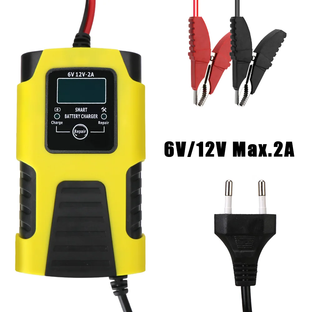 

Car Battery Charger EU Plug Power Pulse Repair Chargers Digital LCD Display Full Automatic 3 Charge Stages 6V/12V 2A