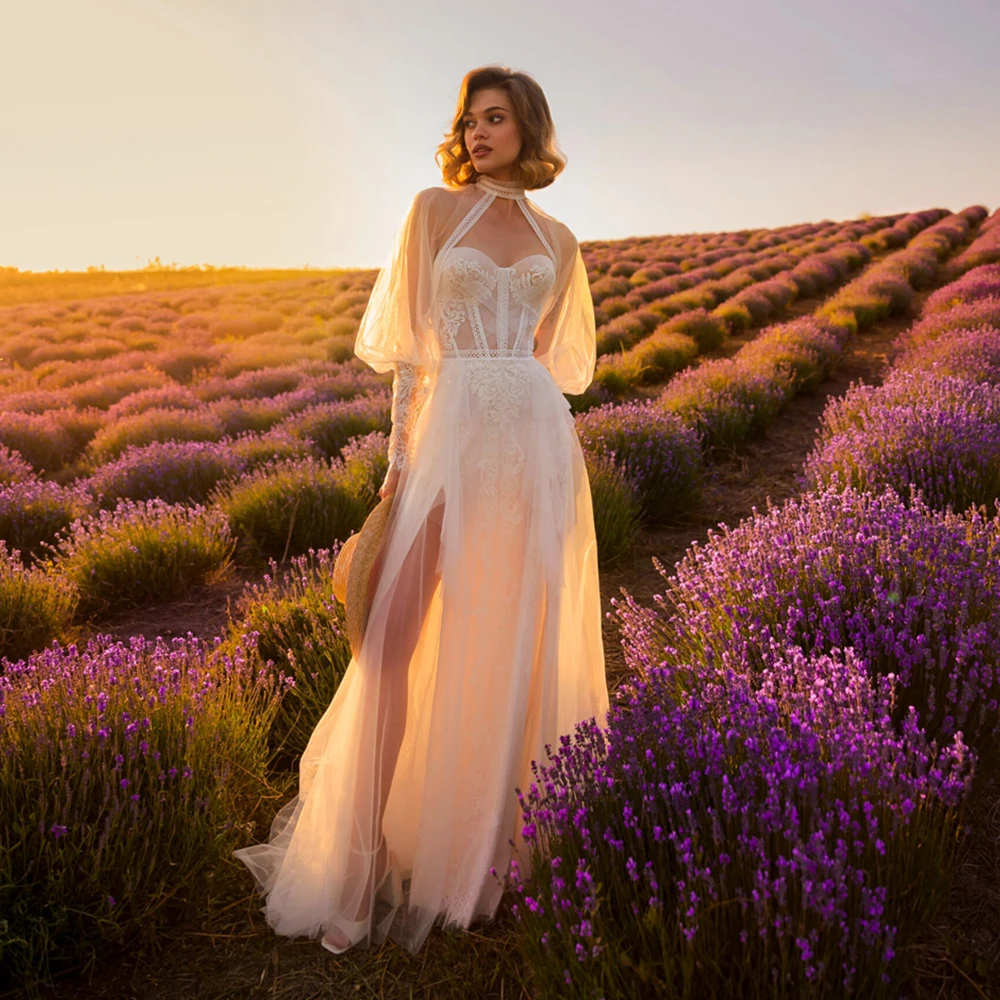 

Weilinsha Sexy High Neck Wedding Dress Tulle Side Split Long Sleeves Illusion Women Beach Seaside Bridal Married Gowns Bohemia