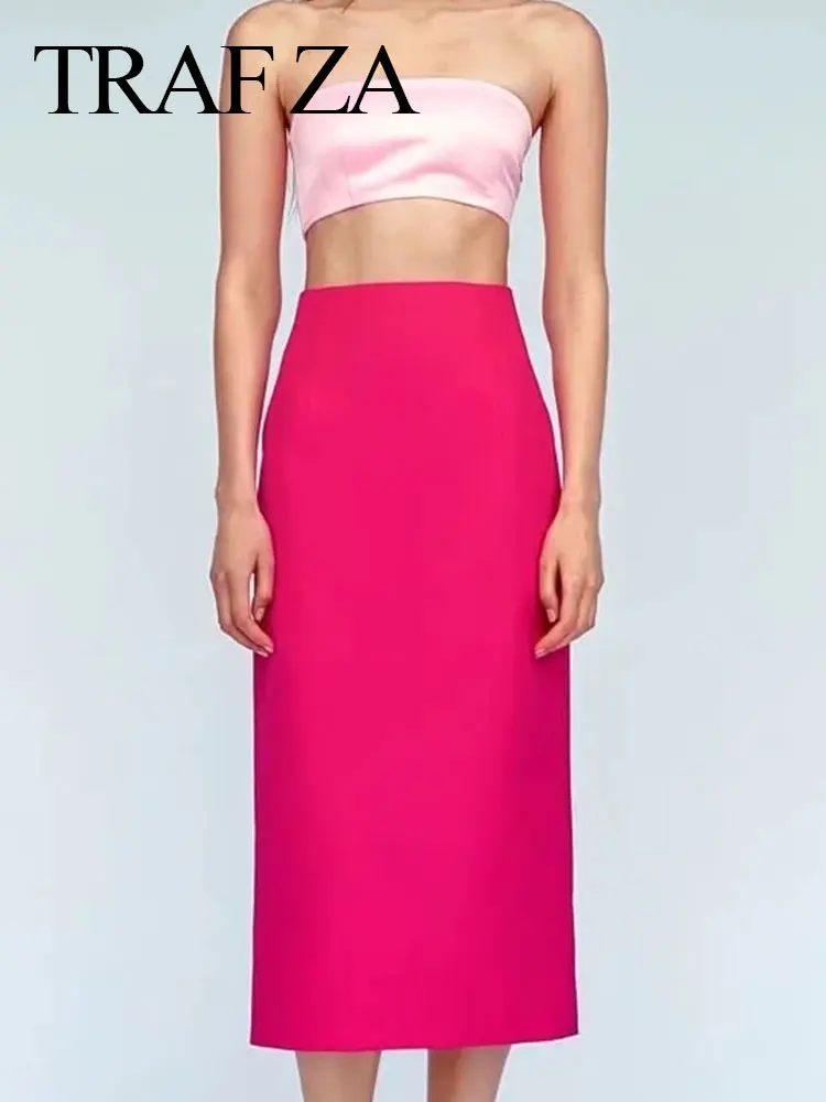 

TRAF ZA 2022 Summer Fashion Women Skirt Solid Color Rose Red High Waist All-match Back Slit Slim Commuter Daily Lady Midi Skirt