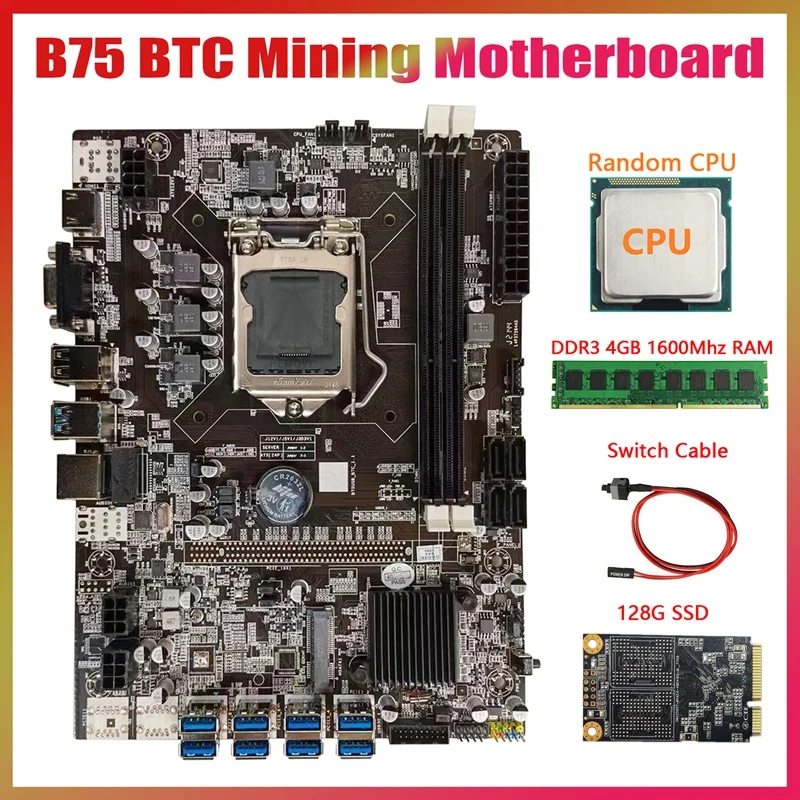 

Материнская плата B75 USB BTC для майнинга + случайный ЦП + DDR3 4 Гб 1600 МГц ОЗУ + 128G SSD + кабель переключателя LGA1155 8xpcie на USB B75 BTC плата