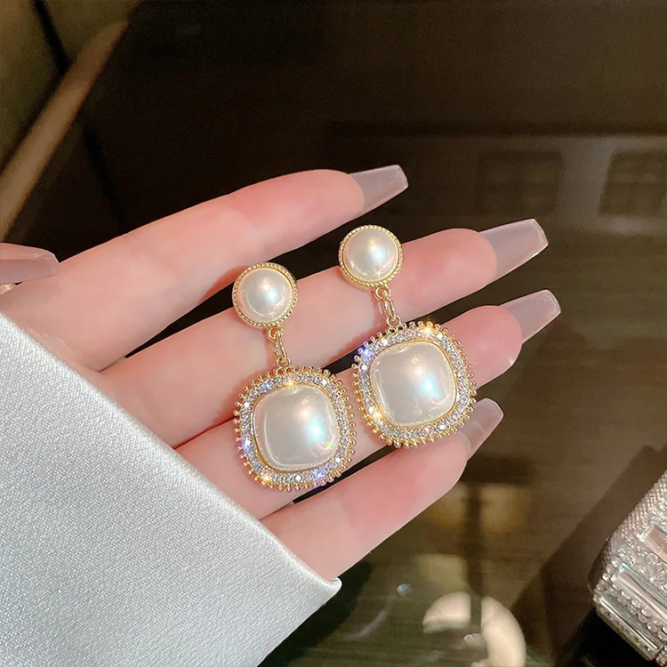 

Trendy crystal round Square pearl Drop Earrings for women Elegant Female pearl dangle earring korean fashion Wedding Jewelry