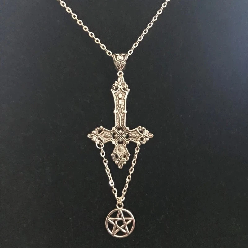 

Inverted cross and pentagram necklace satanic necklace, occult jewellery upside down cross gothic, punk