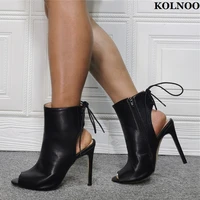 kolnoo new classic style handmade ladies high heels pumps black faux leather peep toe slingback real pictures fashion prom shoes