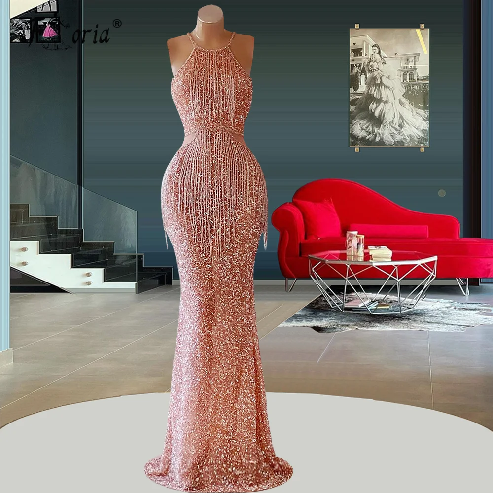 

Pink Tassels Sequined Evening Dress Sexy Halter Mermaid Prom Dresses Custom Made African Middle East Woman Night Party Wear Robe