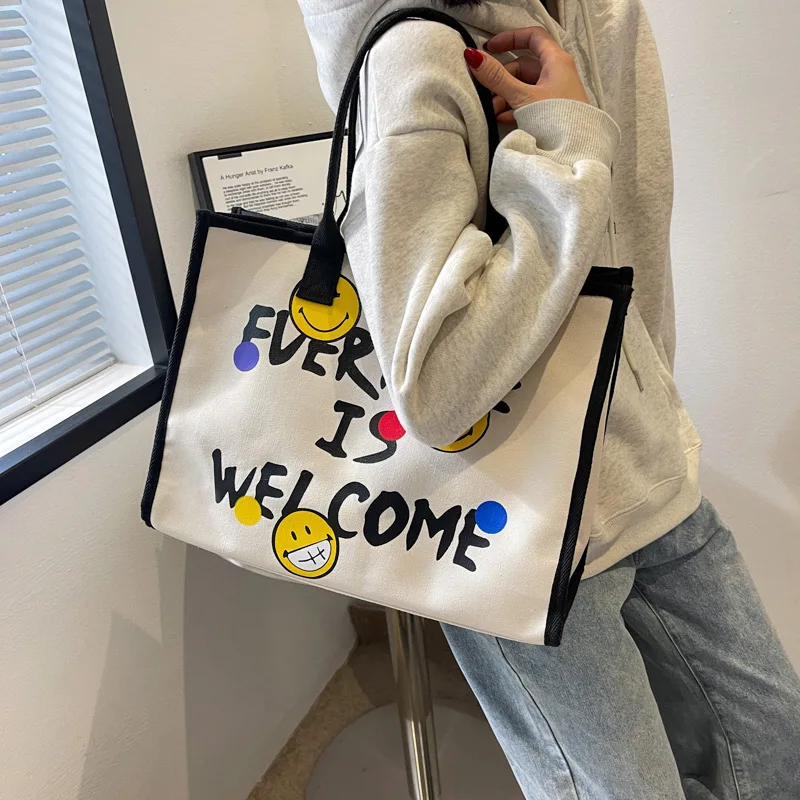 

Large Capacity Women Tote Canvas Shoulder Bag Ladies Casual Shopping Bags Smiley Grocery Handbags Light Books Bag For Girls