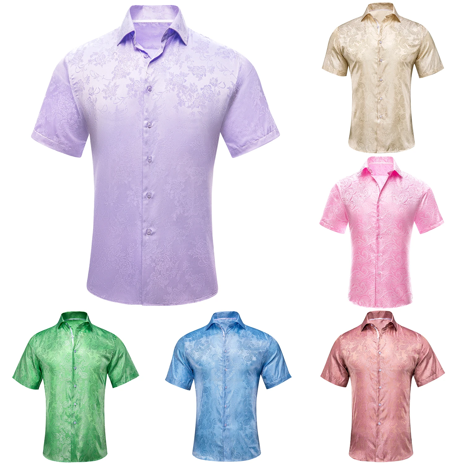 

Light Colour Short Sleeves Mens Shirts Silk Spring Summer Shirt Male Wedding Business White Pink Salmon Sage lilac Yellow Blue