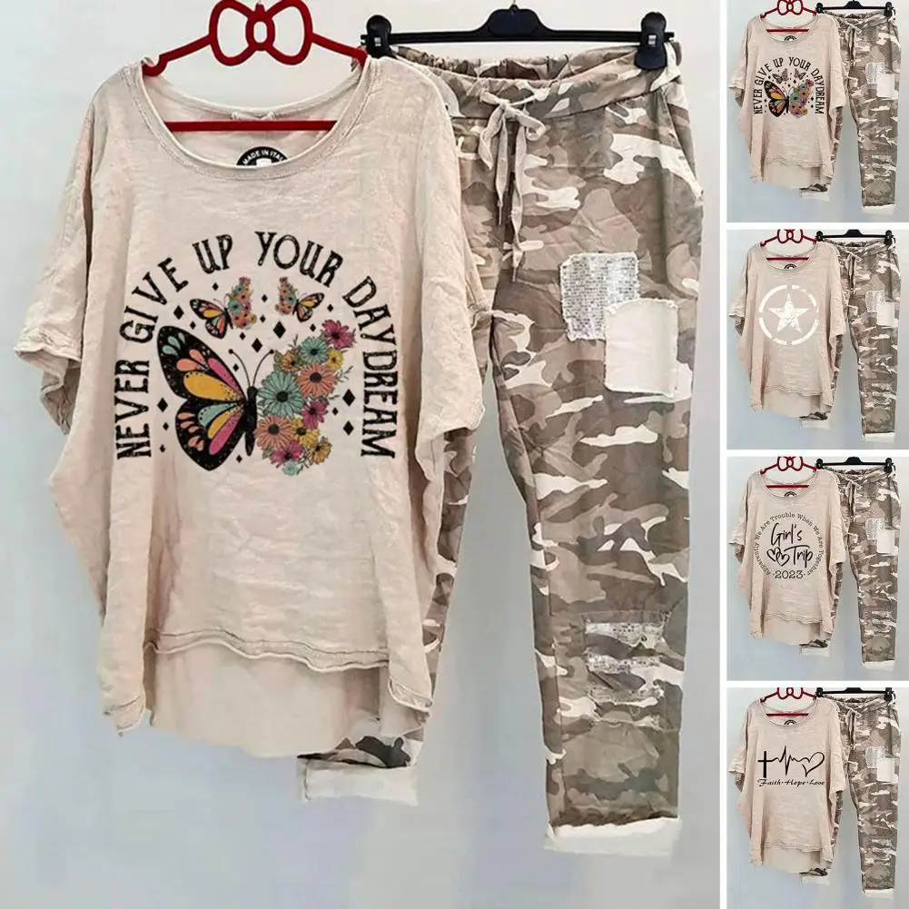 

Vintage Two Piece Set Women's Casual Suit Round Neck Printed Breathable Cotton Blend Sportswear Outfit Lady Clothing
