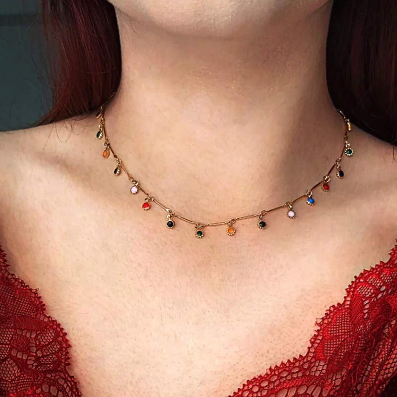 

New Bohemian Style Color Small Water Drop Clavicle Chain Colorful Small Sun Flower Pendant Necklace Temperament Clavicle Chain