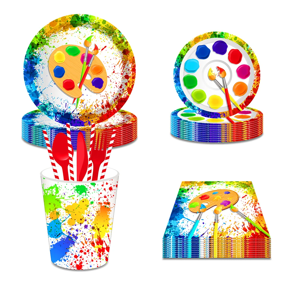 

Art Painting Disposable Tableware Sets Color Graffiti Drawing Board Theme Plates Cups Napkins Baby Shower Birthday Party Decor
