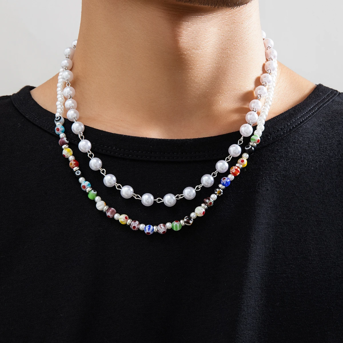 

IngeSight.Z Multi layered Bohemian Colorful Printed Beaded Choker Necklace Set for Men Punk Imitation Pearl Chain Necklace Party