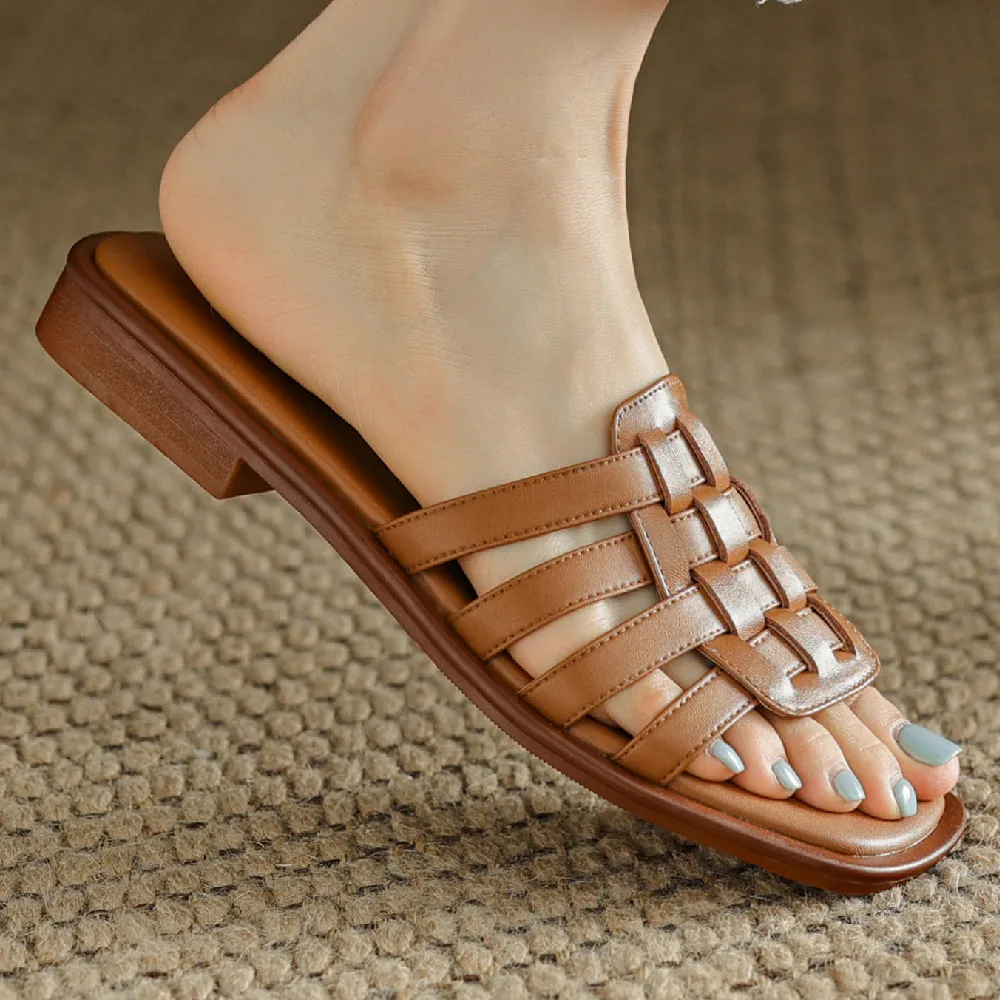 Women's genuine leather narrow band braided open toe slip-on flats summer out door slides soft comfortable sandals