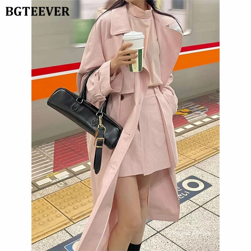 Модный женский однотонный длинный Тренч BGTEEVER с отложным воротником повседневная