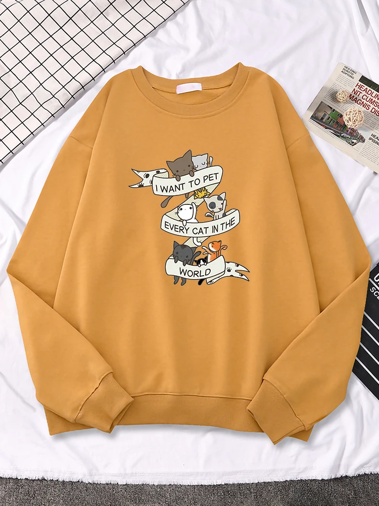 

I Want To Pet Every Cat In The World Print Sweatshirt For Women Simple Soft Hoodies Street Oversize Cartoon Clothes Womans Hoody