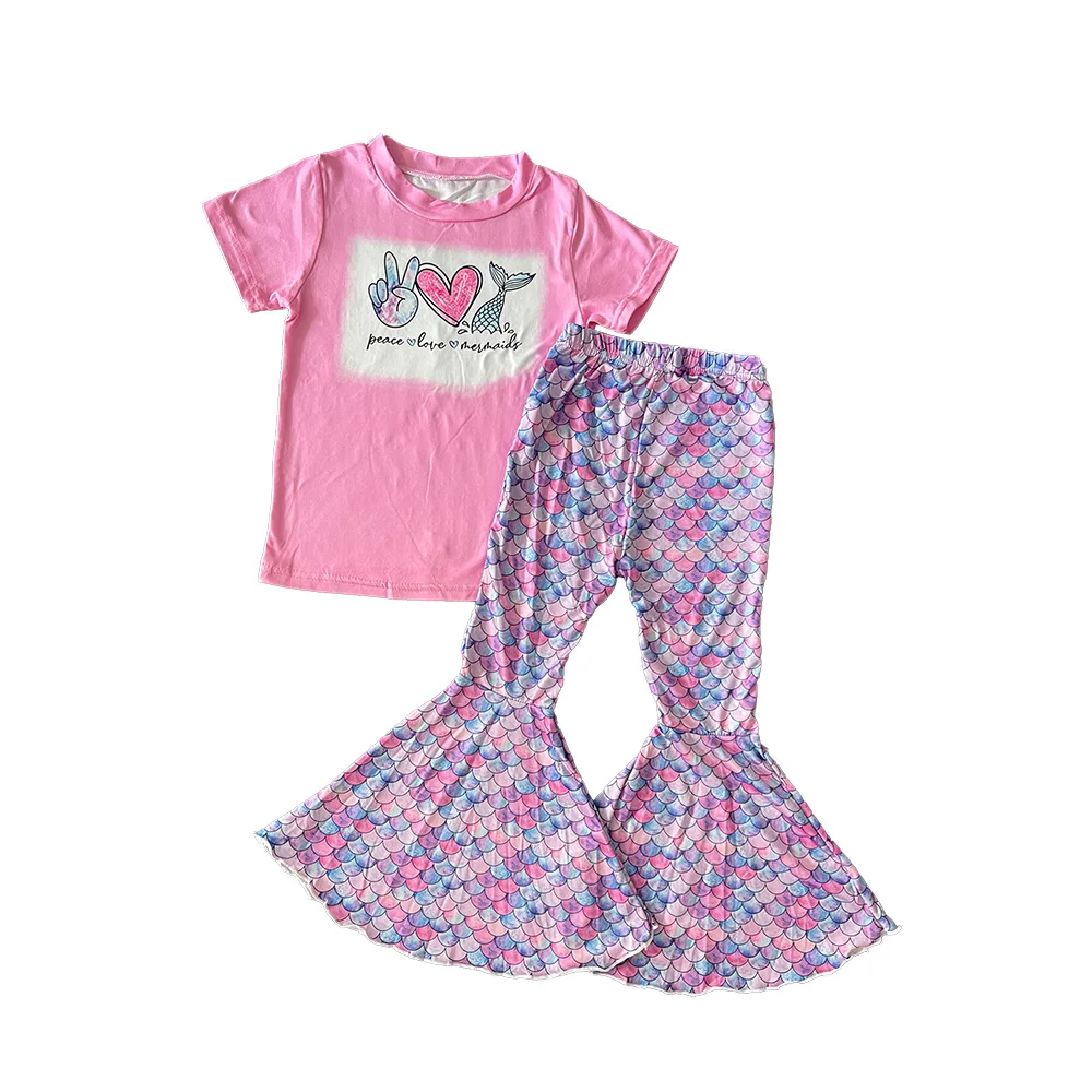 

Оптовая продажа, комплект для девочек, летний топ с коротким рукавом и штаны с колокольчиком, одежда для маленьких девочек, детская одежда