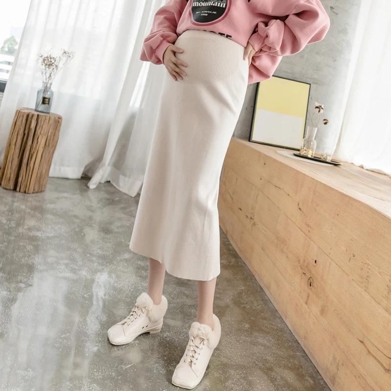 

0235# Autumn Winter Thicken Woolen Knitted Maternity Skirts Side Split Pencil Belly Skirts for Pregnant Women Chic Ins Pregnancy