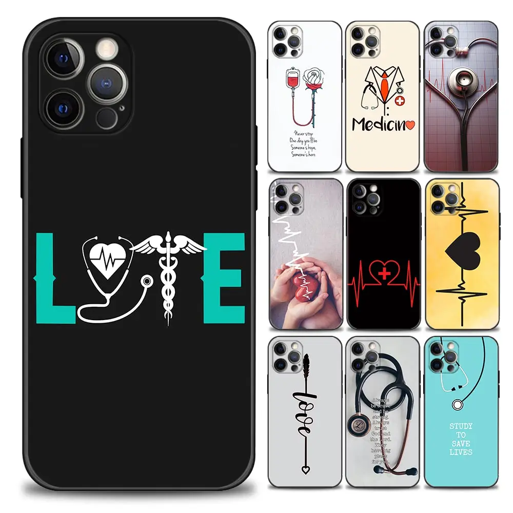

Nurse Heart and Stethoscop Phone Case for Apple iPhone 11 12 13 Pro Max 7 8 SE XR XS Max 5 5s 6 6s Plus Black Soft Silicon Cover