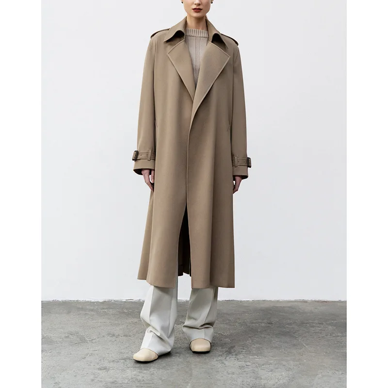 

Lowclass* windbreaker women's leather buckle belt drape loose medium length coat women's new autumn and winter 2023